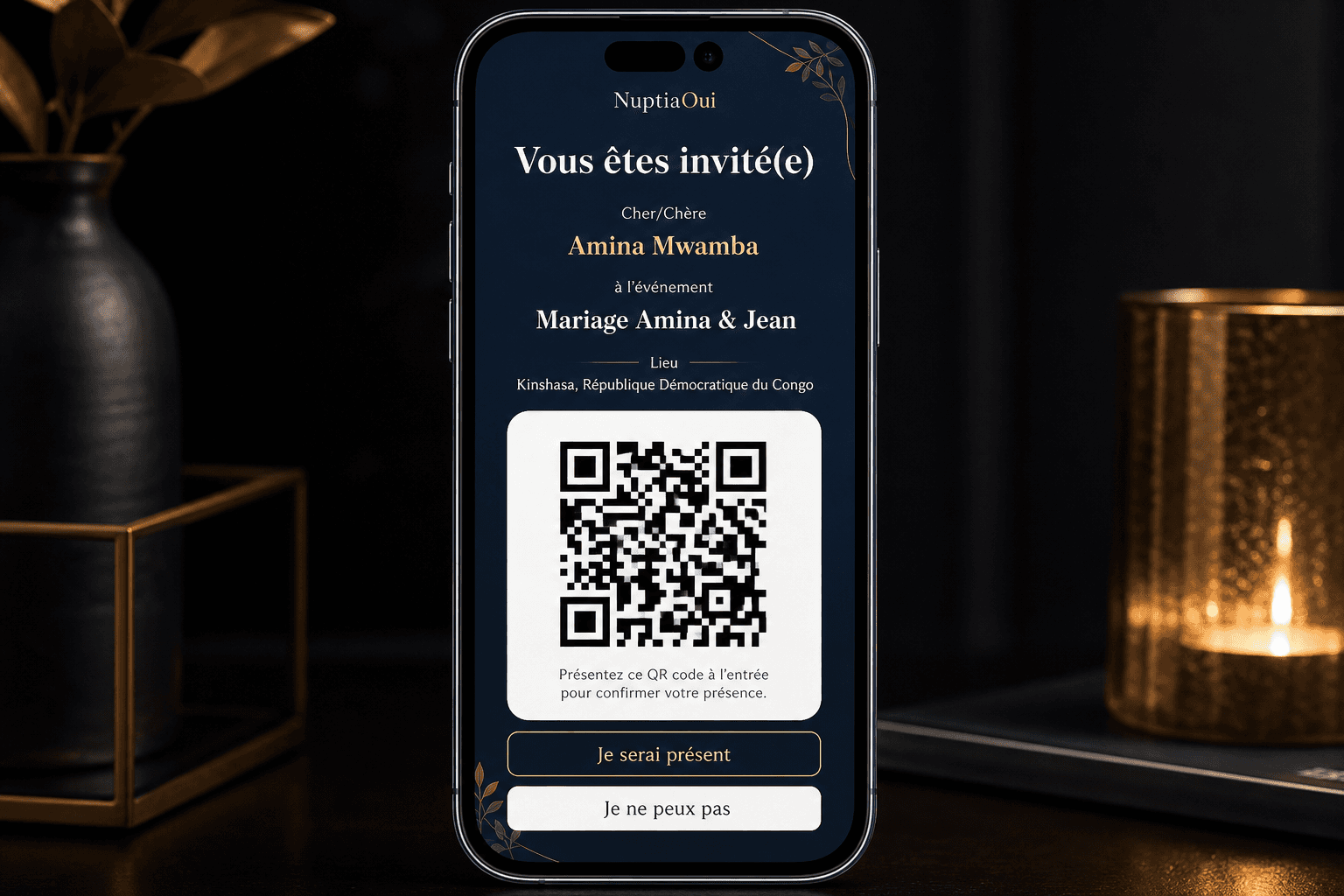 Invitation numérique nominative avec QR code sur téléphone