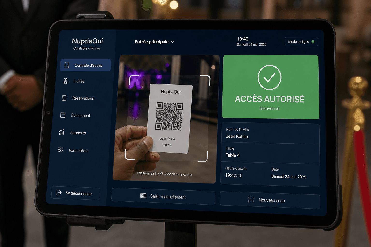 Scanner d'entrée NuptiaOui autorisant l'accès d'un invité